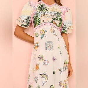 Tropical Print Dress with Palm Trees and Sunset